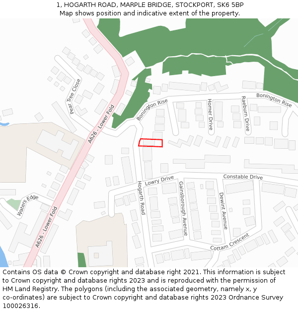 1, HOGARTH ROAD, MARPLE BRIDGE, STOCKPORT, SK6 5BP: Location map and indicative extent of plot