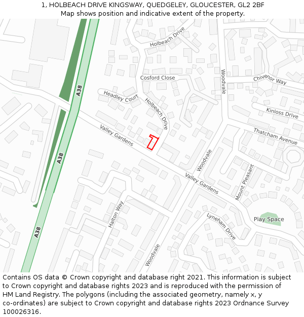 1, HOLBEACH DRIVE KINGSWAY, QUEDGELEY, GLOUCESTER, GL2 2BF: Location map and indicative extent of plot