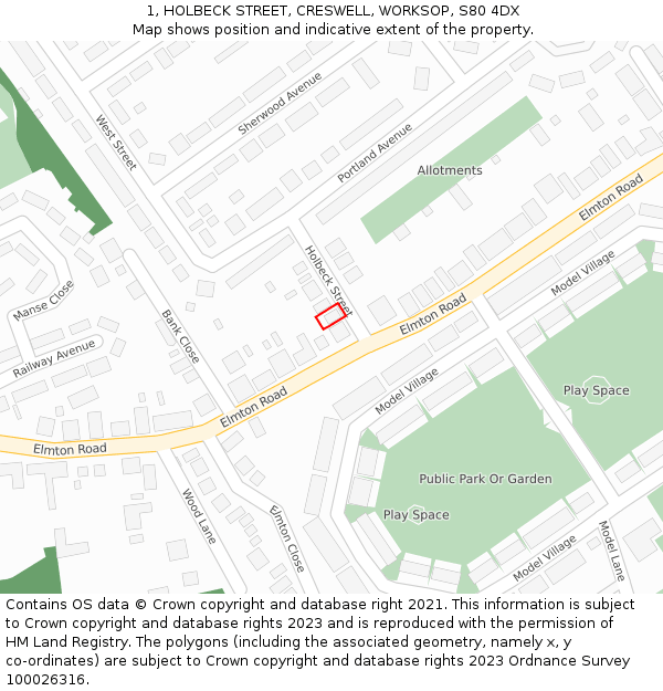 1, HOLBECK STREET, CRESWELL, WORKSOP, S80 4DX: Location map and indicative extent of plot