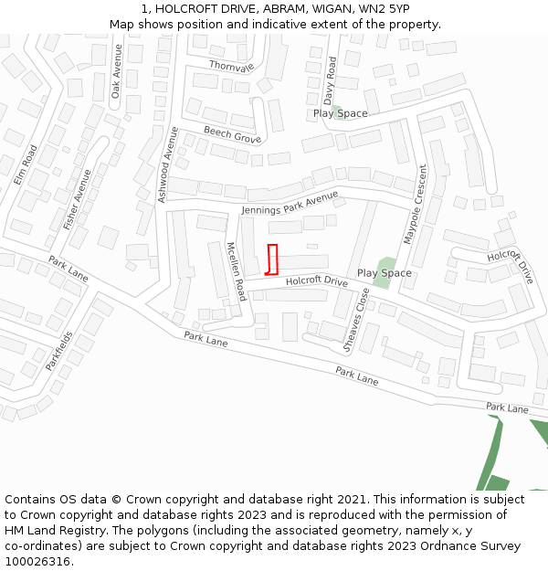 1, HOLCROFT DRIVE, ABRAM, WIGAN, WN2 5YP: Location map and indicative extent of plot