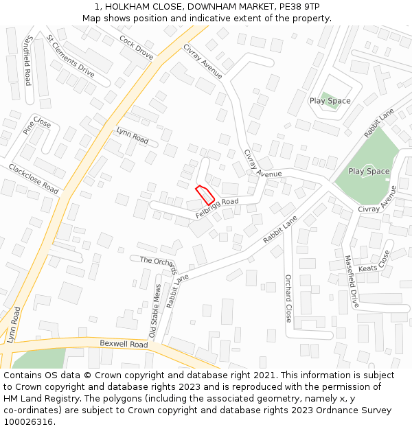 1, HOLKHAM CLOSE, DOWNHAM MARKET, PE38 9TP: Location map and indicative extent of plot