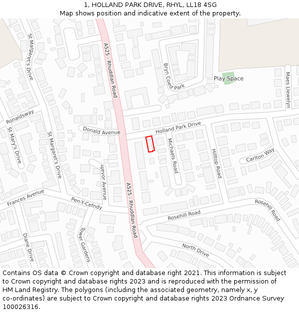 1, HOLLAND PARK DRIVE, RHYL, LL18 4SG: Location map and indicative extent of plot