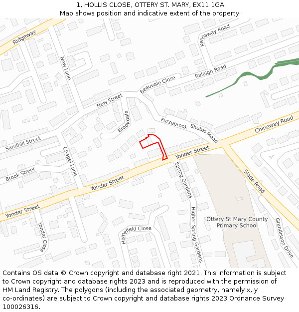 1, HOLLIS CLOSE, OTTERY ST. MARY, EX11 1GA: Location map and indicative extent of plot