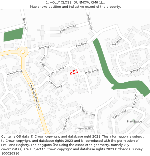 1, HOLLY CLOSE, DUNMOW, CM6 1LU: Location map and indicative extent of plot