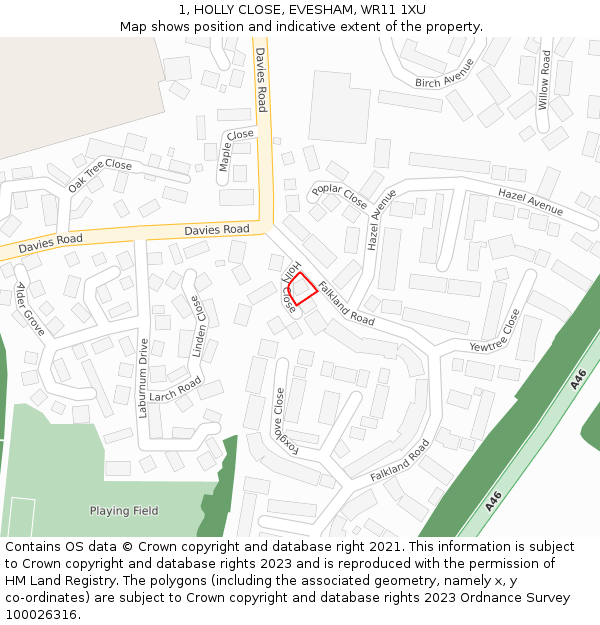 1, HOLLY CLOSE, EVESHAM, WR11 1XU: Location map and indicative extent of plot