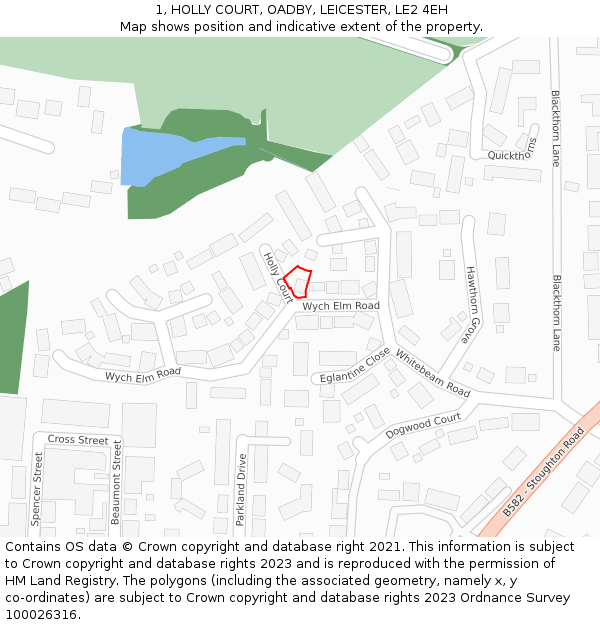 1, HOLLY COURT, OADBY, LEICESTER, LE2 4EH: Location map and indicative extent of plot