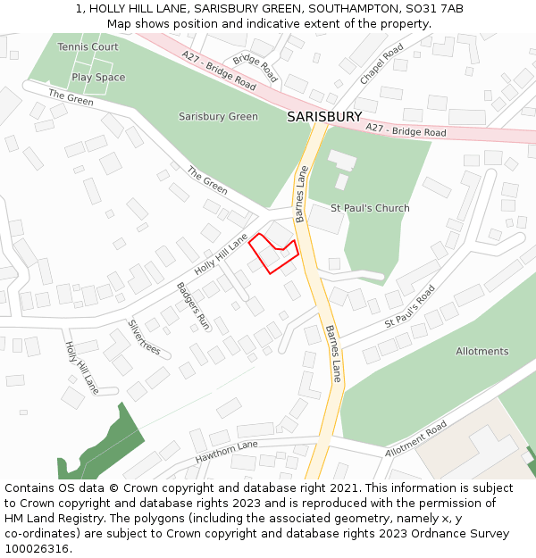 1, HOLLY HILL LANE, SARISBURY GREEN, SOUTHAMPTON, SO31 7AB: Location map and indicative extent of plot