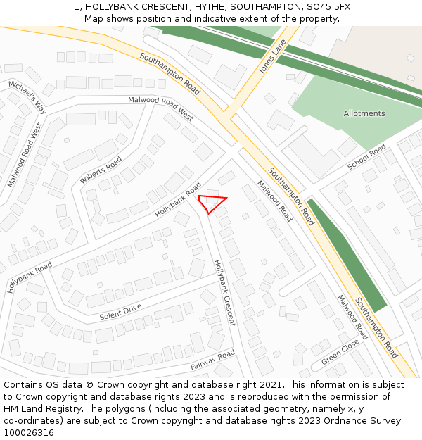 1, HOLLYBANK CRESCENT, HYTHE, SOUTHAMPTON, SO45 5FX: Location map and indicative extent of plot