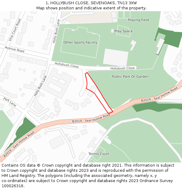 1, HOLLYBUSH CLOSE, SEVENOAKS, TN13 3XW: Location map and indicative extent of plot