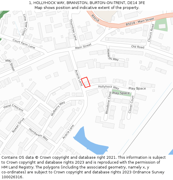 1, HOLLYHOCK WAY, BRANSTON, BURTON-ON-TRENT, DE14 3FE: Location map and indicative extent of plot