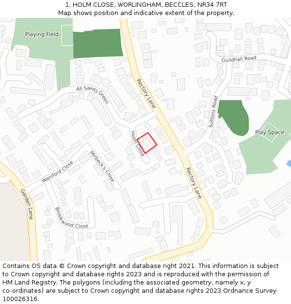 1, HOLM CLOSE, WORLINGHAM, BECCLES, NR34 7RT: Location map and indicative extent of plot