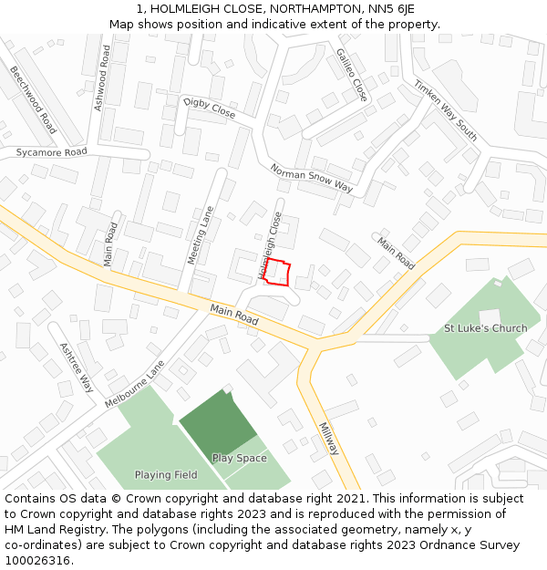 1, HOLMLEIGH CLOSE, NORTHAMPTON, NN5 6JE: Location map and indicative extent of plot