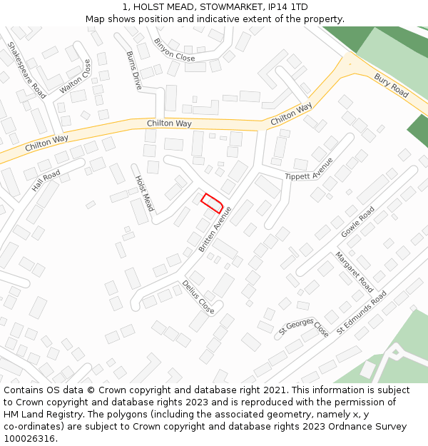 1, HOLST MEAD, STOWMARKET, IP14 1TD: Location map and indicative extent of plot