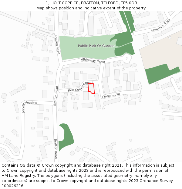 1, HOLT COPPICE, BRATTON, TELFORD, TF5 0DB: Location map and indicative extent of plot