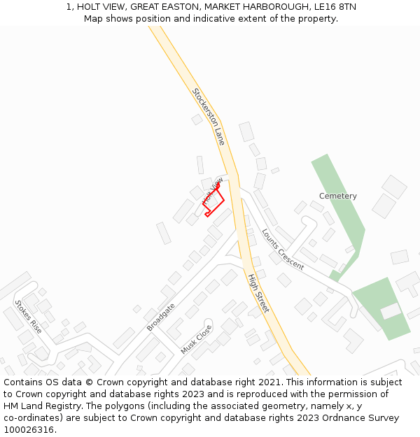 1, HOLT VIEW, GREAT EASTON, MARKET HARBOROUGH, LE16 8TN: Location map and indicative extent of plot