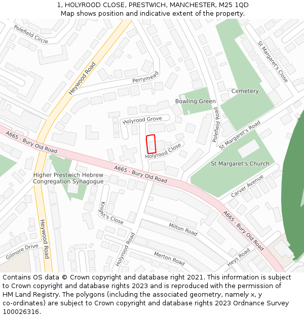 1, HOLYROOD CLOSE, PRESTWICH, MANCHESTER, M25 1QD: Location map and indicative extent of plot