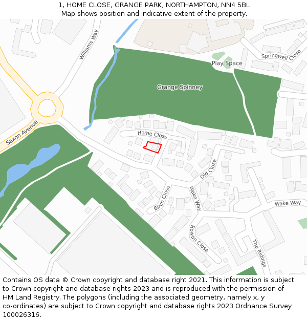 1, HOME CLOSE, GRANGE PARK, NORTHAMPTON, NN4 5BL: Location map and indicative extent of plot