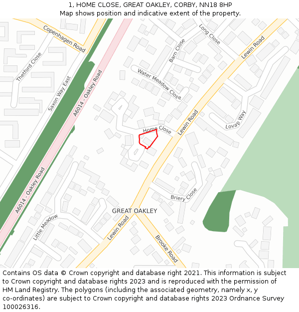 1, HOME CLOSE, GREAT OAKLEY, CORBY, NN18 8HP: Location map and indicative extent of plot