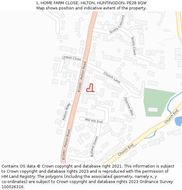 1, HOME FARM CLOSE, HILTON, HUNTINGDON, PE28 9QW: Location map and indicative extent of plot