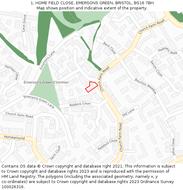 1, HOME FIELD CLOSE, EMERSONS GREEN, BRISTOL, BS16 7BH: Location map and indicative extent of plot