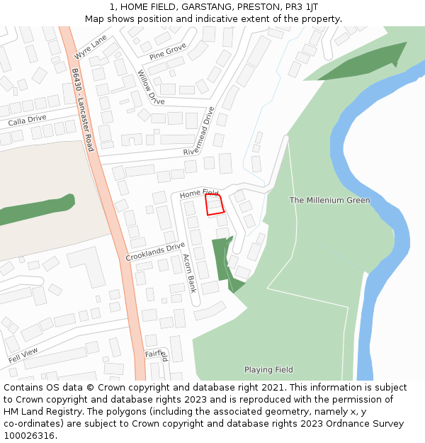 1, HOME FIELD, GARSTANG, PRESTON, PR3 1JT: Location map and indicative extent of plot