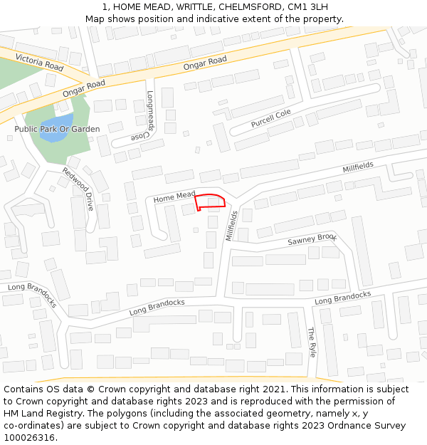 1, HOME MEAD, WRITTLE, CHELMSFORD, CM1 3LH: Location map and indicative extent of plot