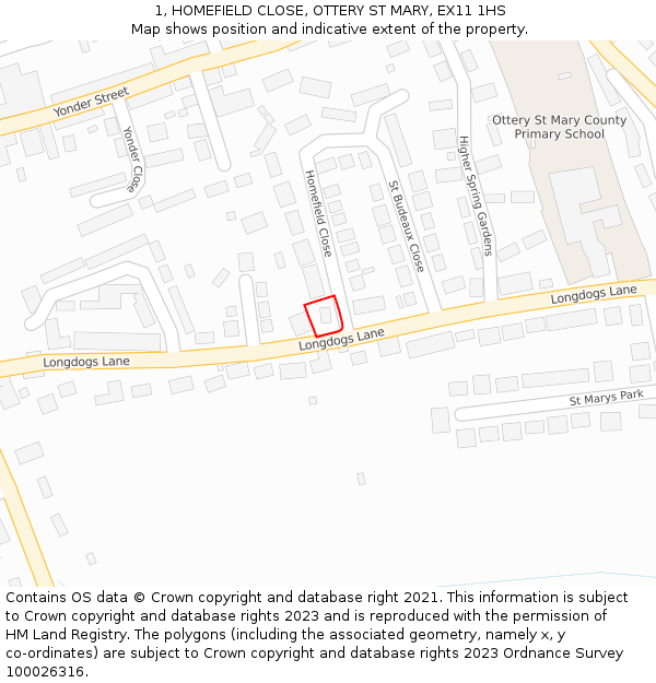 1, HOMEFIELD CLOSE, OTTERY ST MARY, EX11 1HS: Location map and indicative extent of plot