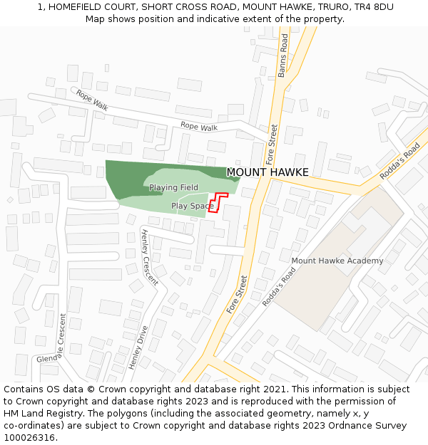 1, HOMEFIELD COURT, SHORT CROSS ROAD, MOUNT HAWKE, TRURO, TR4 8DU: Location map and indicative extent of plot