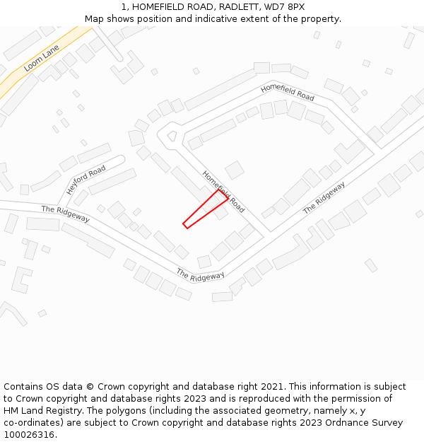 1, HOMEFIELD ROAD, RADLETT, WD7 8PX: Location map and indicative extent of plot