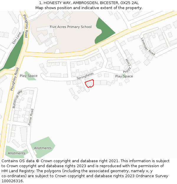 1, HONESTY WAY, AMBROSDEN, BICESTER, OX25 2AL: Location map and indicative extent of plot