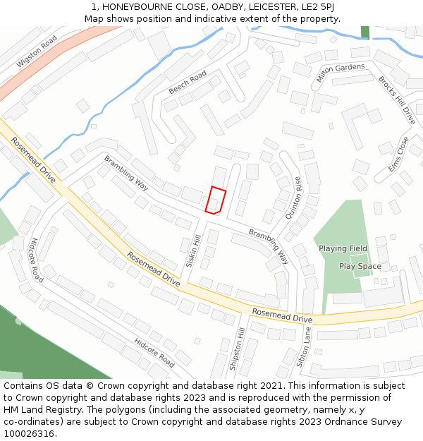 1, HONEYBOURNE CLOSE, OADBY, LEICESTER, LE2 5PJ: Location map and indicative extent of plot