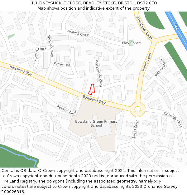 1, HONEYSUCKLE CLOSE, BRADLEY STOKE, BRISTOL, BS32 0EQ: Location map and indicative extent of plot