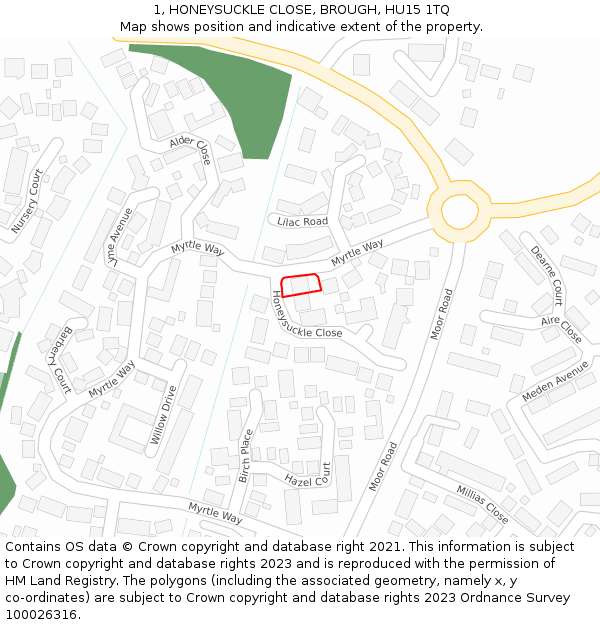 1, HONEYSUCKLE CLOSE, BROUGH, HU15 1TQ: Location map and indicative extent of plot