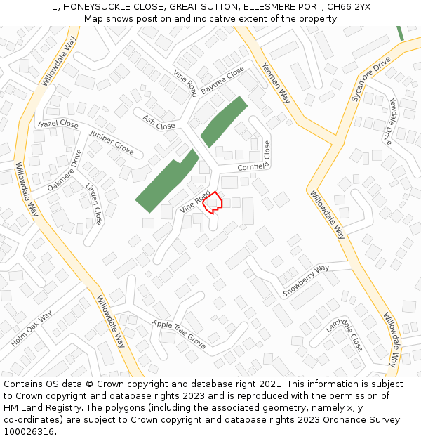 1, HONEYSUCKLE CLOSE, GREAT SUTTON, ELLESMERE PORT, CH66 2YX: Location map and indicative extent of plot