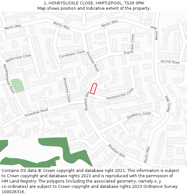 1, HONEYSUCKLE CLOSE, HARTLEPOOL, TS26 0RW: Location map and indicative extent of plot