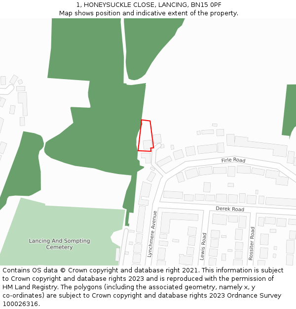 1, HONEYSUCKLE CLOSE, LANCING, BN15 0PF: Location map and indicative extent of plot