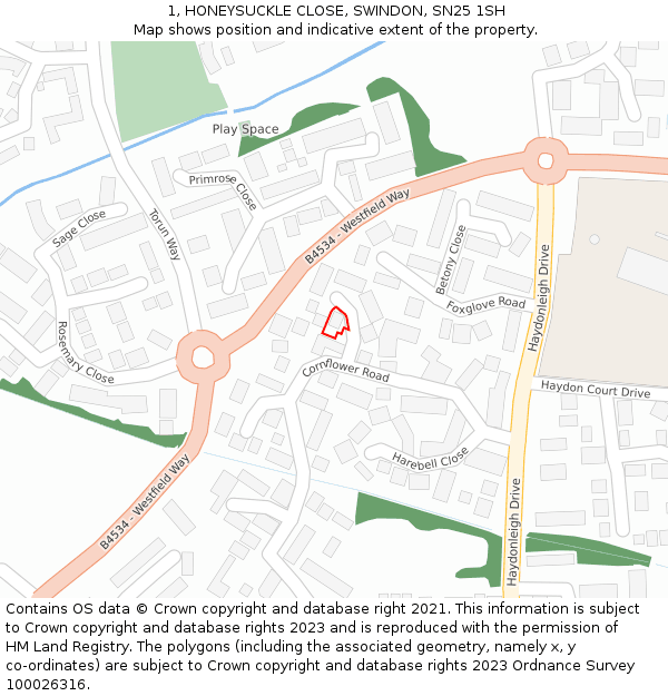 1, HONEYSUCKLE CLOSE, SWINDON, SN25 1SH: Location map and indicative extent of plot