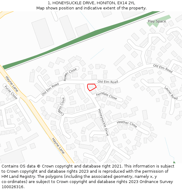 1, HONEYSUCKLE DRIVE, HONITON, EX14 2YL: Location map and indicative extent of plot