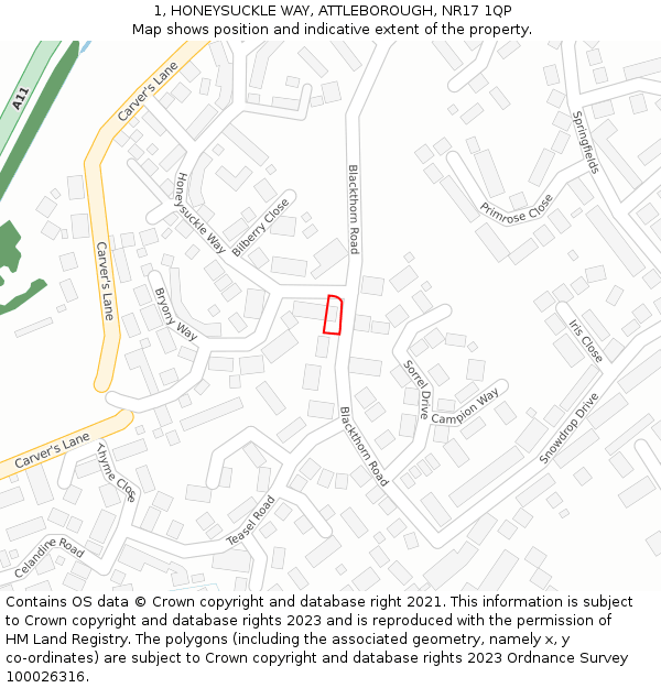 1, HONEYSUCKLE WAY, ATTLEBOROUGH, NR17 1QP: Location map and indicative extent of plot