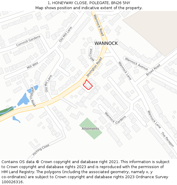 1, HONEYWAY CLOSE, POLEGATE, BN26 5NY: Location map and indicative extent of plot