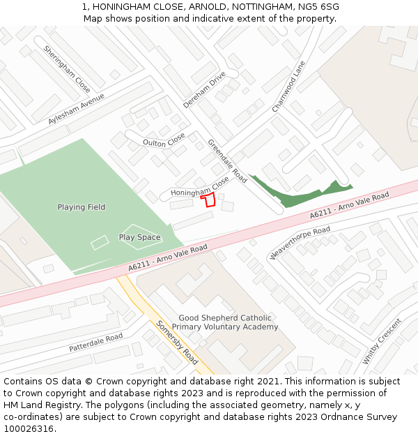 1, HONINGHAM CLOSE, ARNOLD, NOTTINGHAM, NG5 6SG: Location map and indicative extent of plot