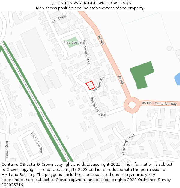 1, HONITON WAY, MIDDLEWICH, CW10 9QS: Location map and indicative extent of plot