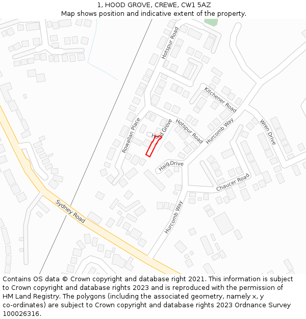 1, HOOD GROVE, CREWE, CW1 5AZ: Location map and indicative extent of plot