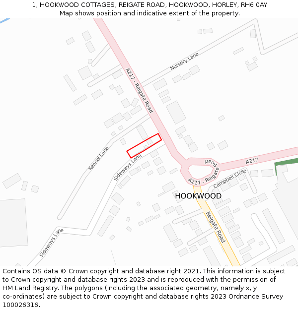 1, HOOKWOOD COTTAGES, REIGATE ROAD, HOOKWOOD, HORLEY, RH6 0AY: Location map and indicative extent of plot