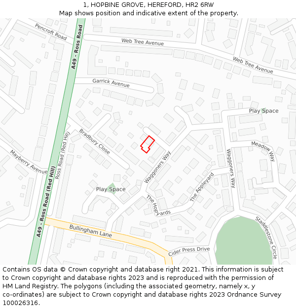 1, HOPBINE GROVE, HEREFORD, HR2 6RW: Location map and indicative extent of plot