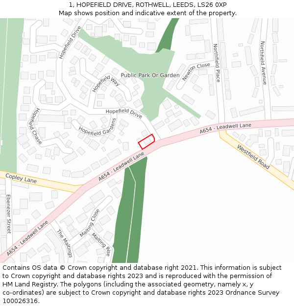 1, HOPEFIELD DRIVE, ROTHWELL, LEEDS, LS26 0XP: Location map and indicative extent of plot