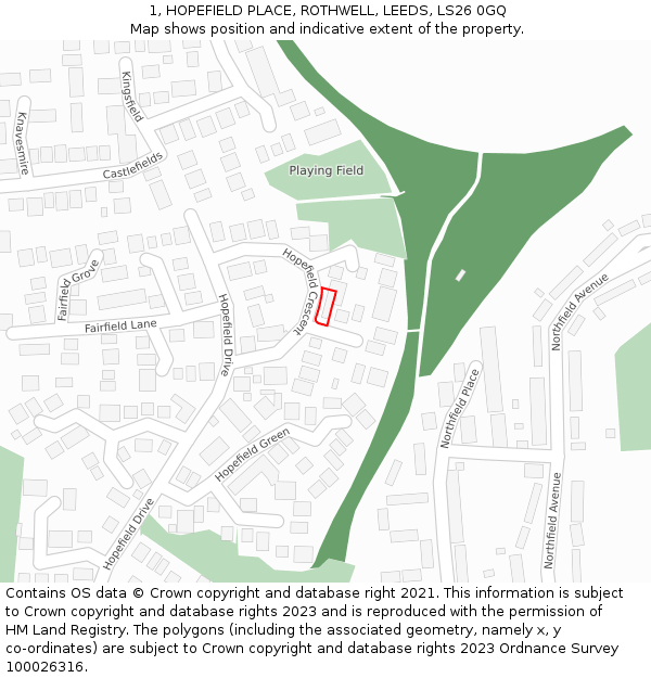 1, HOPEFIELD PLACE, ROTHWELL, LEEDS, LS26 0GQ: Location map and indicative extent of plot