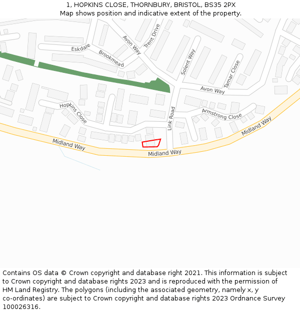 1, HOPKINS CLOSE, THORNBURY, BRISTOL, BS35 2PX: Location map and indicative extent of plot