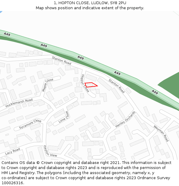 1, HOPTON CLOSE, LUDLOW, SY8 2PU: Location map and indicative extent of plot