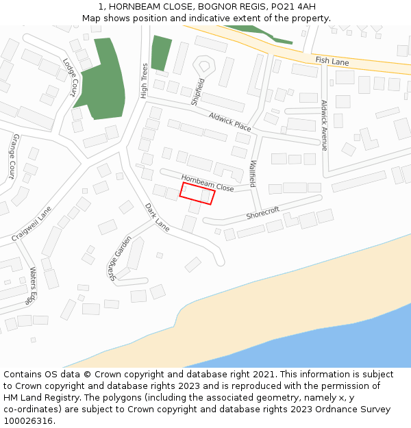 1, HORNBEAM CLOSE, BOGNOR REGIS, PO21 4AH: Location map and indicative extent of plot